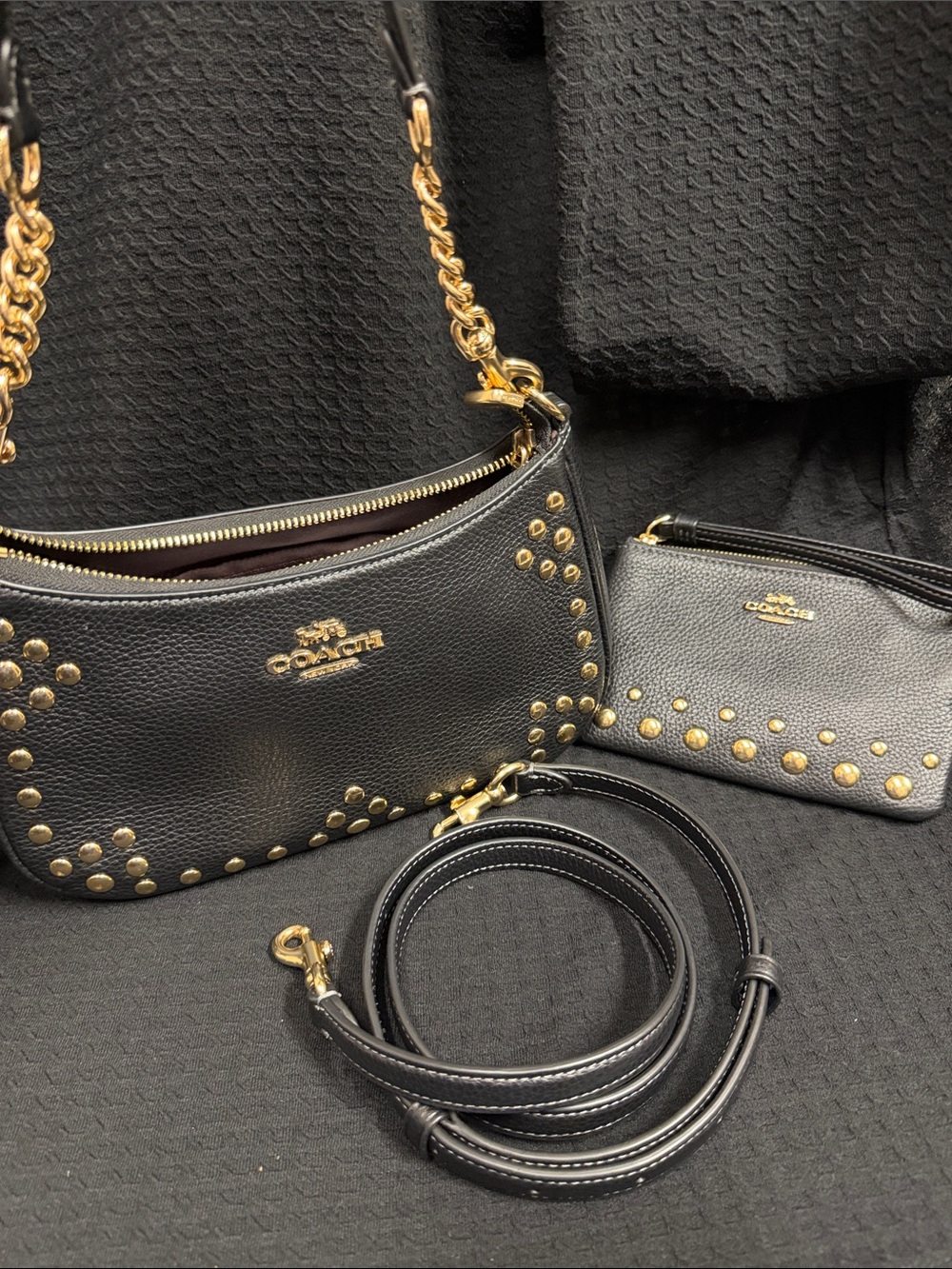Coach Teri Black Pebble Leather Gold Studded Shoulder Bag w/ matching Card Case